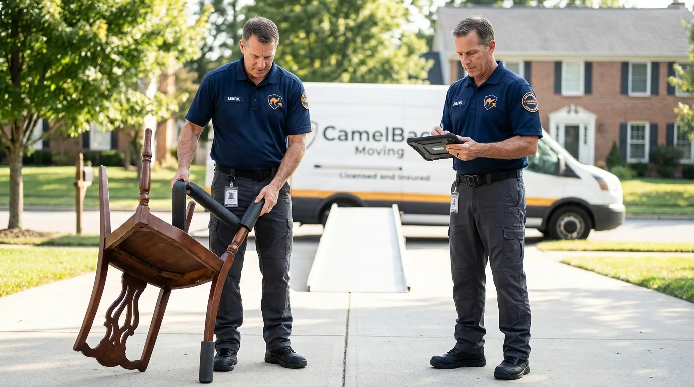 Movers inspecting furniture for damage prevention before loading in Templeton, MA