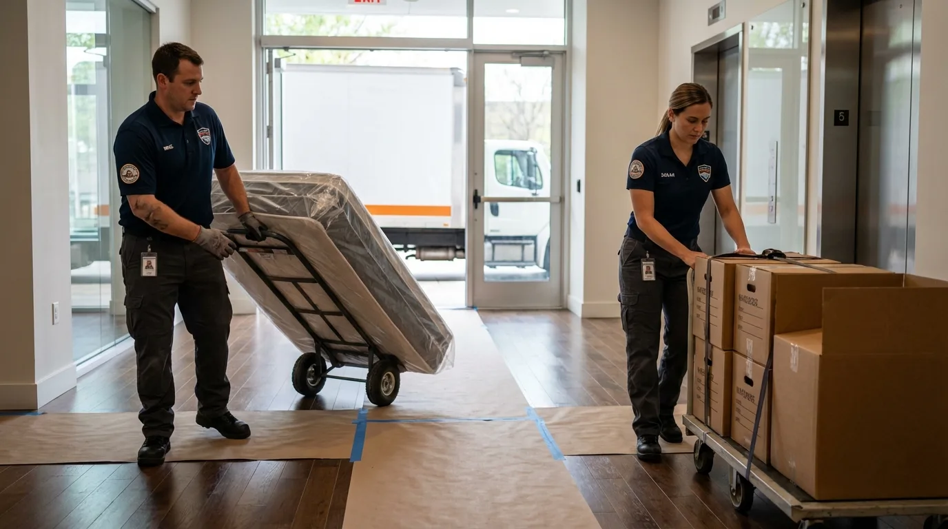 Professional apartment movers loading elevator in Templeton, MA